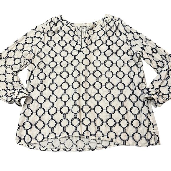 Ann Taylor LOFT Tops - LOFT Womens softened shirt, white blouse with textured navy geo pattern, XL